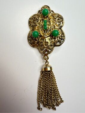 Vintage Gold-Tone Filigree Brooch with Green Cabochons and Tassel